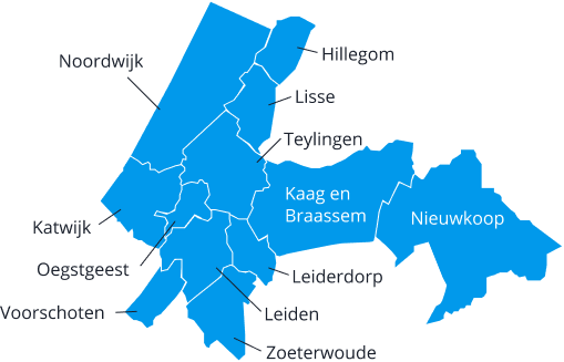 Een geografische kaart van de gemeenten waarin de ODWH actief is.